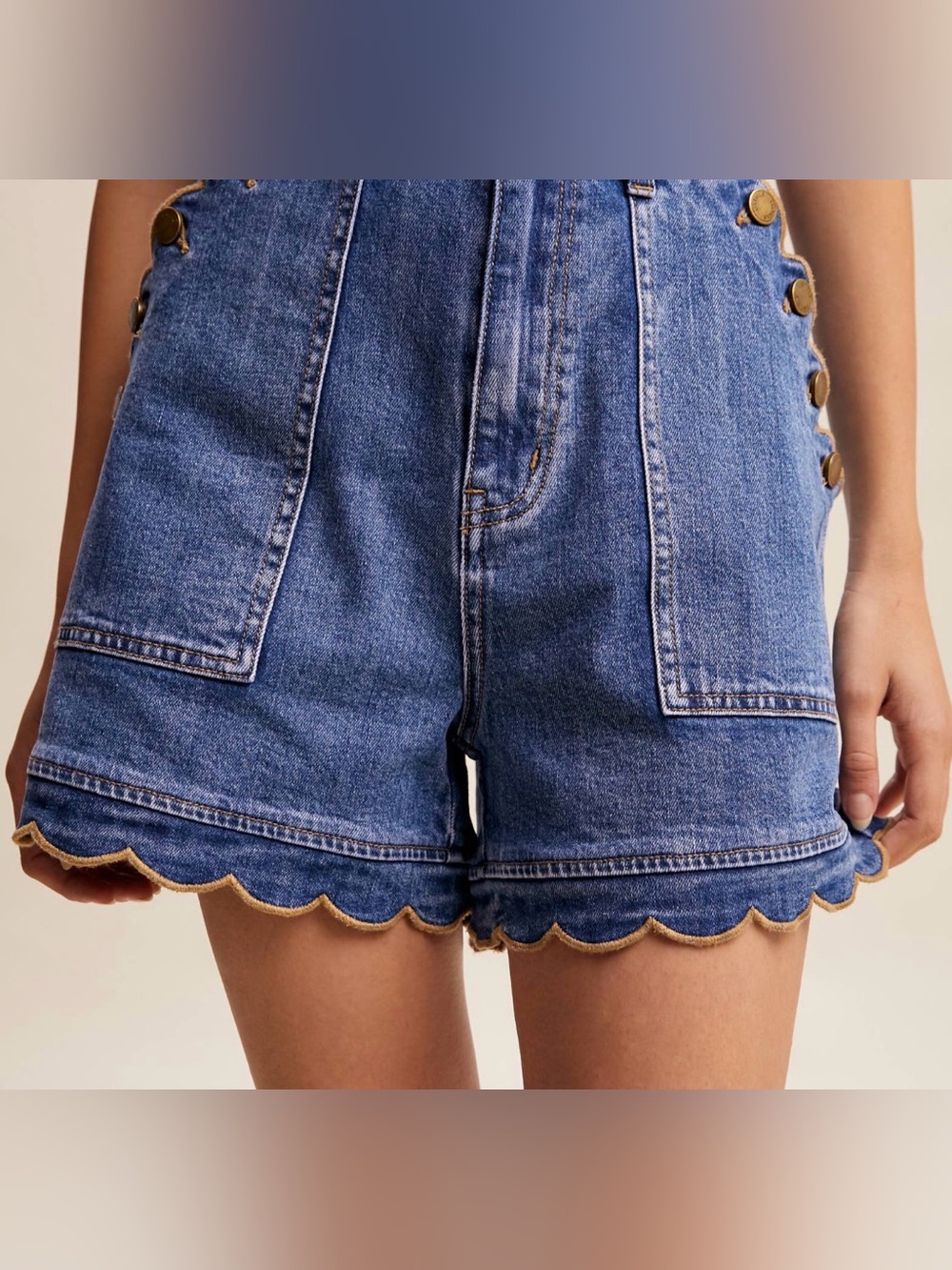 Listicle Boardwalk Scallop-Hem High-Waist Denim Shorts - Blue Small
